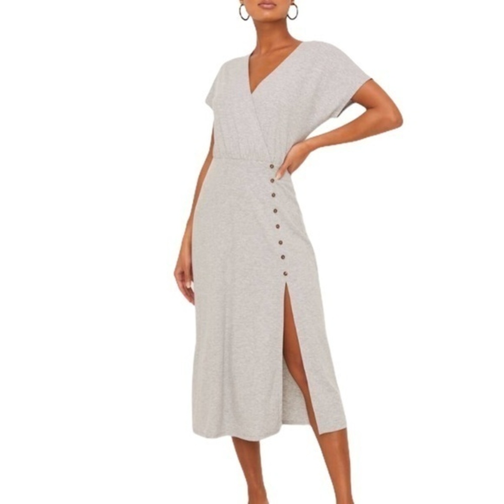 Gray Ribbed Side Slit Midi Dress | Button Detail Surplice Casual Knit